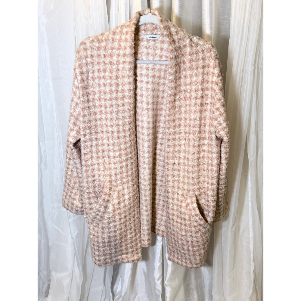 Reitmans Cardigan Women M Pink Houndstooth Bouclé Open Front Pocketed Sweater